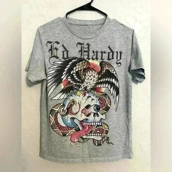 Ed Hardy Rhinestone Eagle Skull Snake T Shirt in Gray Size Small - Picture 1 of 4